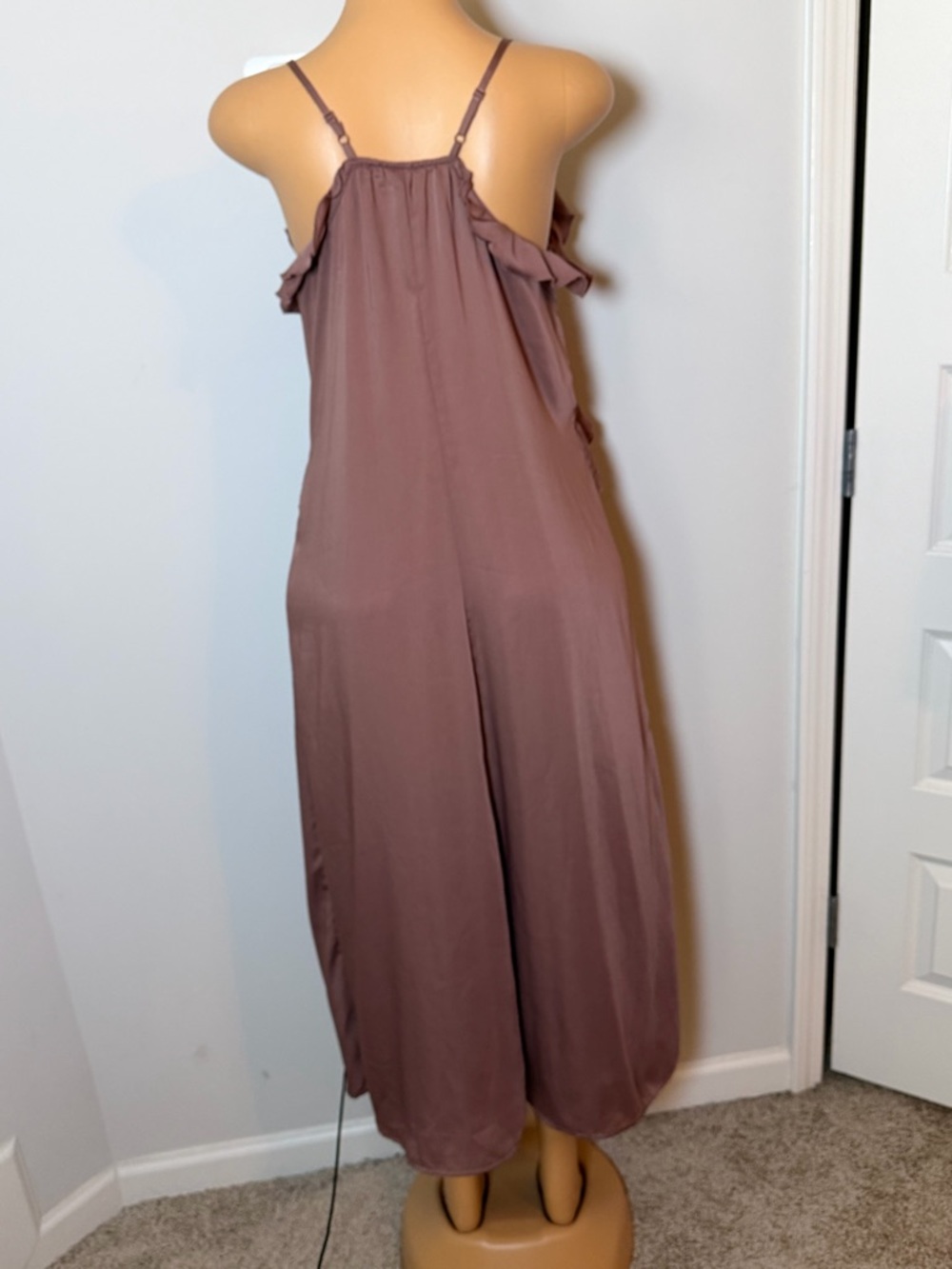 Old Navy Brown Ruffled Spaghetti-Strap Satin Maxi Dress - Picture 6 of 6